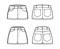 Denim hot short pants technical fashion illustration with micro mini length, normal low waist, high low rise, 5 pockets