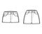 Denim hot short pants technical fashion illustration with micro mini length, normal low waist, high low rise, 5 pockets