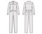 Denim overall jumpsuit Dungaree technical fashion illustration with full length, button closure, long sleeves