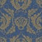 Denim seamless pattern with a gold Damascus print. Blue background with a large floral ornament.