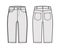 Denim short pants technical fashion illustration with knee length, low waist, rise, curved, coin, angled 5 pockets.