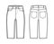 Denim short pants technical fashion illustration with knee length, low waist, rise, curved, coin, angled 5 pockets.