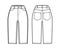 Denim short pants technical fashion illustration with knee length, normal waist, high rise, curved, angled 5 pockets