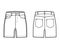 Denim short pants technical fashion illustration with mid-thigh length, low waist, rise, curved, coin, angled 5 pockets.