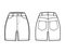 Denim short pants technical fashion illustration with mid-thigh length, normal waist, high rise, curved 5 pockets.