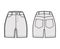 Denim short pants technical fashion illustration with mid-thigh length, normal waist, high rise, curved 5 pockets.