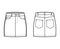 Denim skirt technical fashion illustration with mini length, low waist rise, curved and angled pockets. Flat bottom