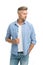 Denim trend. Feeling casual and comfortable. Menswear and fashionable clothing. Man looks handsome in casual shirt. Guy