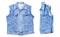 Denim vest set, set of denim vest, jeans vest front back view. Folded Vest isolated on white background copy space