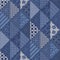 Denim western blue patchwork triangle woven texture. Indigo vintage wash printed cotton textile effect. Patched jean