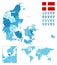 Denmark detailed administrative blue map with country flag and location on the world map.