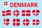 Denmark flag vector set. Collection of danish national flags. Flat isolated icons. Country name in traditional colors. Illustratio