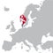 Denmark Location Map on map Europe. 3d Denmark flag map marker location pin. High quality map of Denmark.