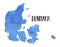 Denmark Map Silhouette in sky blue color with artistic watercolour brush strokes and gradients and Denmark word lettering.