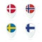 Denmark, Norway, Sweden, Finland flag location map pin icon