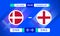 Denmark vs England Match Design Element. Flags Icons with transparency isolated on blue background. Football Championship