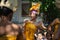 DENPASAR.BALI/INDONESIA-MAY 11 2019: Some beautiful Balinese young girls perform of Rejang Dance during Saraswati Day of Hindu`s c