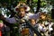 DENPASAR.BALI/INDONESIA-MAY 11 2019: Some beautiful Balinese young girls perform of Rejang Dance during Saraswati Day of Hindu`s c