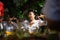 DENPASAR.BALI/INDONESIA-MAY 11 2019: Some beautiful Balinese young girls perform of Rejang Dance during Saraswati Day of Hindu`s c