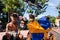 DENPASAR/BALI-JUNE 15 2019: Balinese children, wearing traditional Balinese clothes, prepare to play traditional kites at the Bali