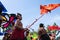 DENPASAR/BALI-JUNE 15 2019: Balinese children, wearing traditional Balinese clothes, prepare to play traditional kites at the Bali