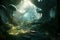 Dense dark fantasy forest with big trees and footpath. The magical atmosphere of the forest, fairy forest, magic light. AI