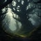 a dense dark forest with twisted trees and glowing eyes peering from the shadows trending on art