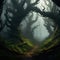 a dense dark forest with twisted trees and glowing eyes peering from the shadows trending on art