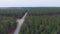 Dense forest with swamp and high voltage power lines. Aerial top view. Electrical energy goes through dense, heavy areas