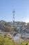 Dense houses on a mountain slope below the Sutro Tower at San Francisco, California