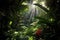 dense jungle foliage with sunbeams filtering through