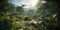 Dense jungle, wild forest with palm trees and tropical plants, generative AI