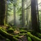 A dense, mystical forest with sunlight filtering through the leaves and moss-covered rocks3, Generative AI