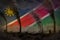 dense smoke of industry chimneys on Namibia flag - global warming concept, background with space for your content - industrial 3D