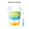 Density liquids. separate fluids layers in glass