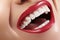 Dental Beauty. Beautiful Macro with perfect White Teeth. Fashion Lips Red Make-up. Whitening Tooth, Wellness Treatment