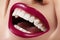 Dental Beauty. Beautiful Macro with perfect White Teeth. Fashion Lips Red Make-up. Whitening Tooth, Wellness Treatment