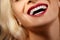 Dental Beauty. Beautiful Macro with perfect White Teeth. Fashion Lips Red Make-up. Whitening Tooth, Wellness Treatment