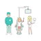 Dental care. Dentist doctor, nurse and patient in medical dental clinic. Girl in dentist chair. Vector cartoon people