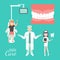 Dental care. Dentist doctor and patient in medical dental clinic. Girl in dentist chair. Vector cartoon people