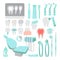 Dental care. Dentist instrument tools set. Teeth problems and treatment.