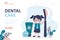 Dental care, landing page template. Little girl holds toothbrush and tube of paste. Various tools for maintaining oral hygiene.