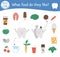 Dental care matching activity with cute teeth and different products. Preschool tooth care puzzle. Cute mouth hygiene educational