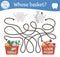 Dental care maze with cute teeth and different products in shopping baskets. Preschool tooth care activity. Cute mouth hygiene