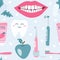 Dental care, oral hygiene. Chewing gum, pasta, snow-white smile, apple. Vector seamless pattern on a blue background