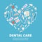 Dental care symbols in the shape of heart vector illustration. Dental floss, teeth, mouth, tooth paste and medical