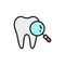 Dental care, tooth with magnifier loupe, medical tooth check flat color line icon.