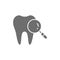 Dental care, tooth with magnifier loupe, medical tooth check grey icon.