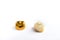 Dental ceramic and gold tooth crowns on white background