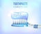 Dental concept.Blue plastic toothbrush with toothpaste.3D, realistic, Dental design element for advertising, brochures, banners